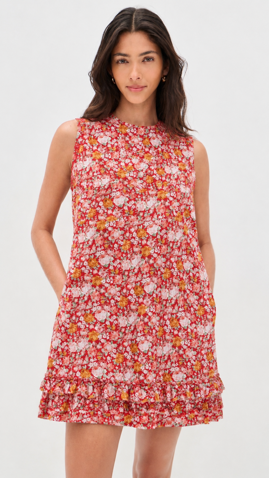 Bypias Womens Floral Sleeveless Summer Dress Pink Orange Ruffle Hem Boho Size M