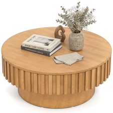 Round Coffee Table w/ Storage, Wooden Drum Coffee Table w/ Hidden Compartment