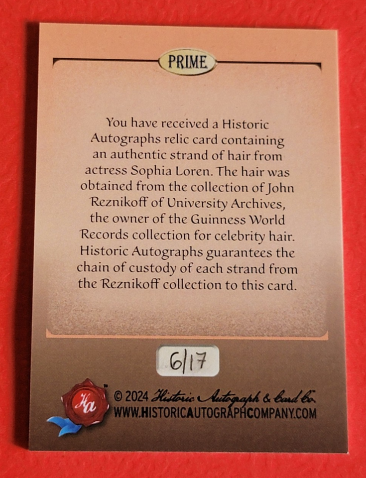 SOPHIA LOREN HAIR STRAND RELIC CARD #d6/17 2024 HISTORIC DNA PRIME ...