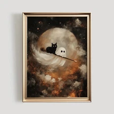 Ghost and Black Cat Halloween Print, Halloween PRINTABLE Wall Art, Cute Spooky