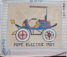 VINTAGE CROSS STITCH  EMBROIDERY HAND PAINTED 8X10 POPE ELECTRIC 1907 