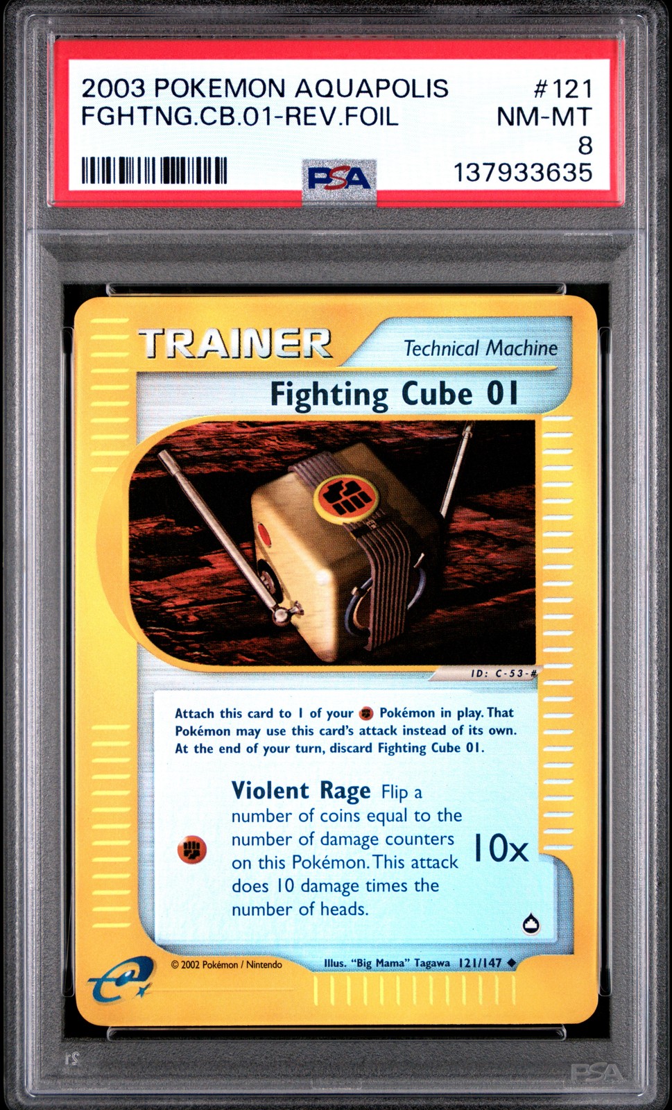 2003 POKEMON AQUAPOLIS #121 FIGHTING CUBE 01-REVERSE FOIL PSA 8