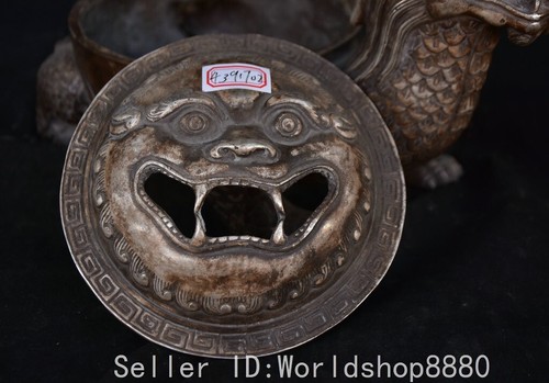 9.2" Old China Silver Fengshui Dragon Tortoise Turtle Beast Incense Burner - Picture 11 of 13