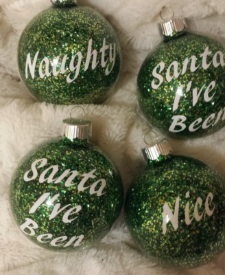 Set o 4 Santa I've been Naughyt Nice Green glass Chritmas ornament ball Homemade