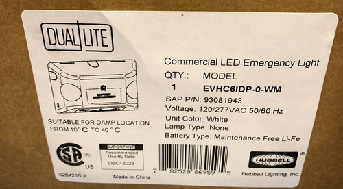 HUBBELL DUAL LITE # EVHC61DP-0-WM COMMERCIAL LED EMERGENCY LIGHT NOS - Picture 3 of 7