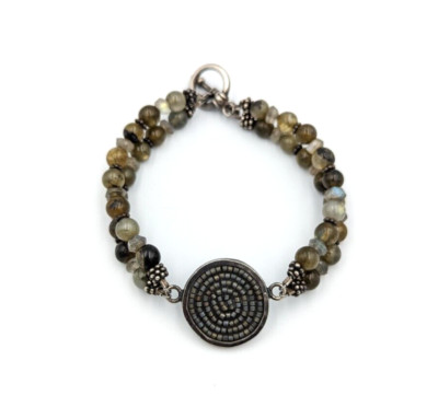 Sterling Silver Labradorite Bracelet Mosaic Tribal Style Beaded Toggle Clasp