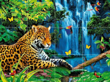 tropical forest jaguar parrots waterfall wildlife ceramic tile mural backsplash