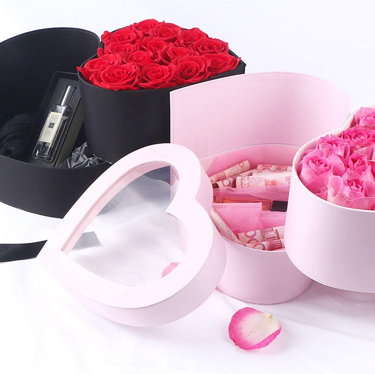  Heart Shaped Flower Box with Clear Lid Double Layers (Black)