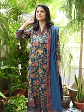Pure cotton flower printed work long straight kurti pant and dupatta set dresses