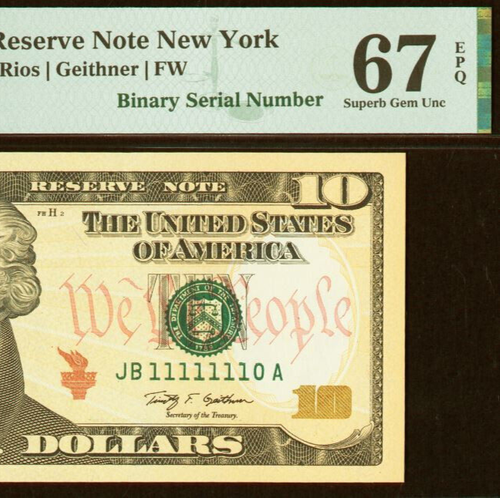 2009 $10 FRN PMG 67EPQ - Near Solid Binary Serial Number 11111110 - Picture 1 of 3