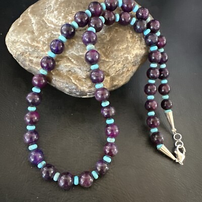 Purple Stone Blue Turquoise Bead Navajo Sterling Silver Necklace 18  17788