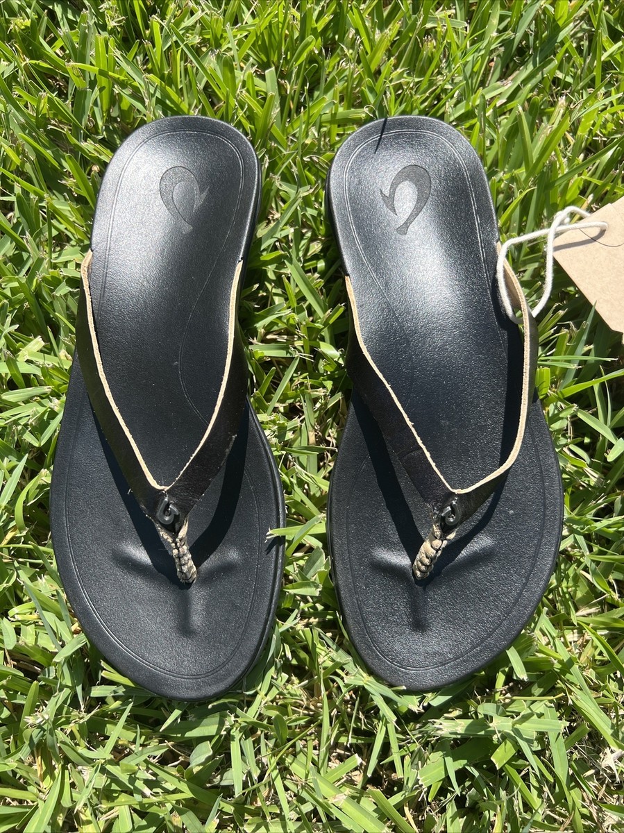NWT Olukai Ho'opio Flip Flop Leather Sandal Onyx Black Women's 5