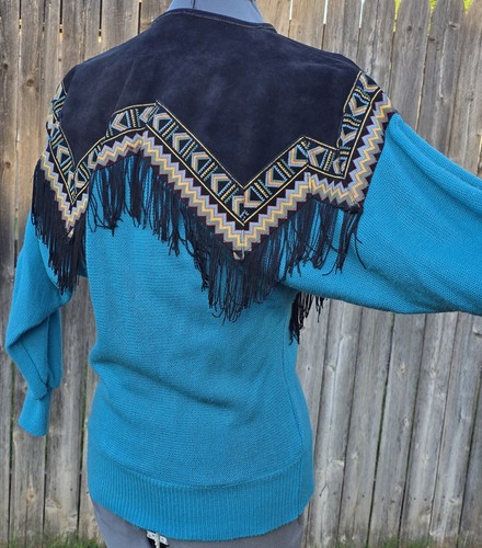 Miller Outerwear Knit Sweater Suede Fringe Vintage Western Boho - Picture 6 of 19