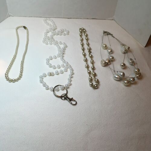 Lot of 4 Mixed White Beaded Faux Pearl Wired Lanyard Goldtone Costume Necklaces - Picture 1 of 7