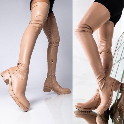 Retro American Style Womens Stretchy Over The Knee Boots Mid Block Heel Clubwear - Picture 2 of 26