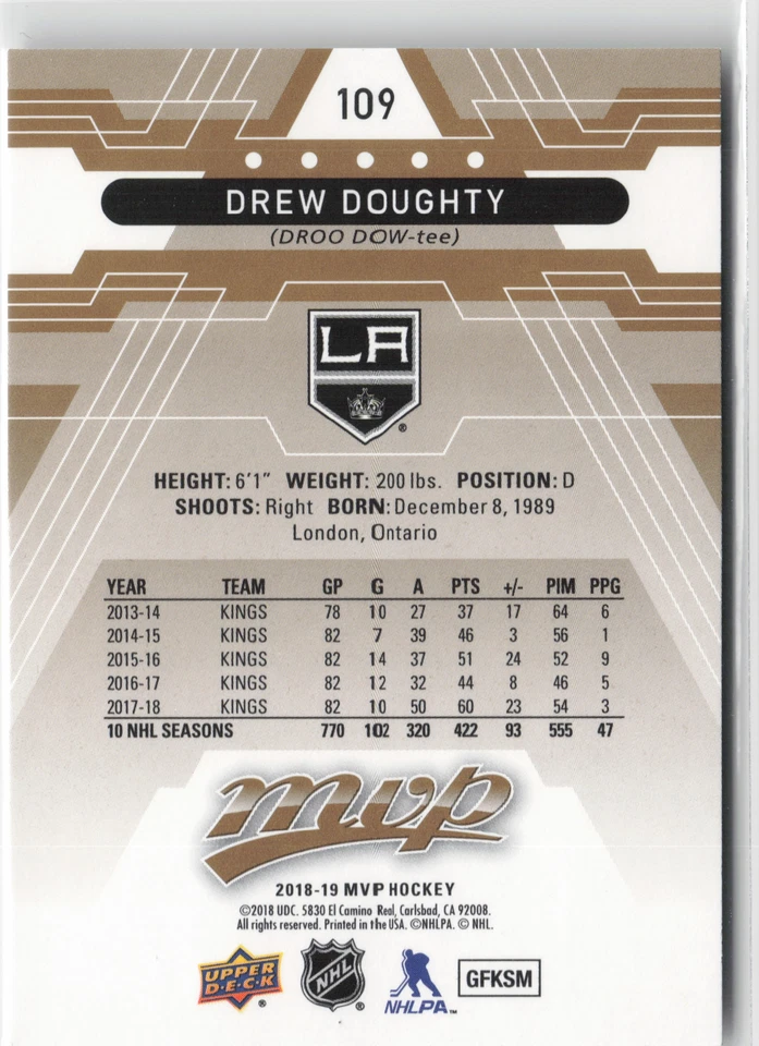 2018-19 Upper Deck MVP #109 Drew Doughty - Image 2 of 2