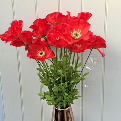 Pretty Bunch Of Artificial Red Poppies 5 Stems 15 Silk Poppy Heads