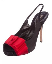Kate Spade Black Satin with Red Bow Slingback Peep Toe High Heels 9.5 398