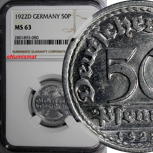 Germany, Weimar Republic Aluminum 1922 D 50 Pfennig NGC MS63 KM# 27 (080)