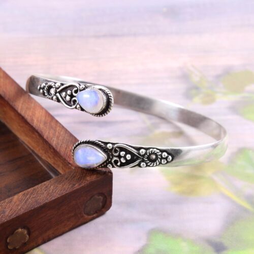 Rainbow Moonstone Gemstone 925 Sterling Silver Handmade Cuff Bracelet - Picture 1 of 2