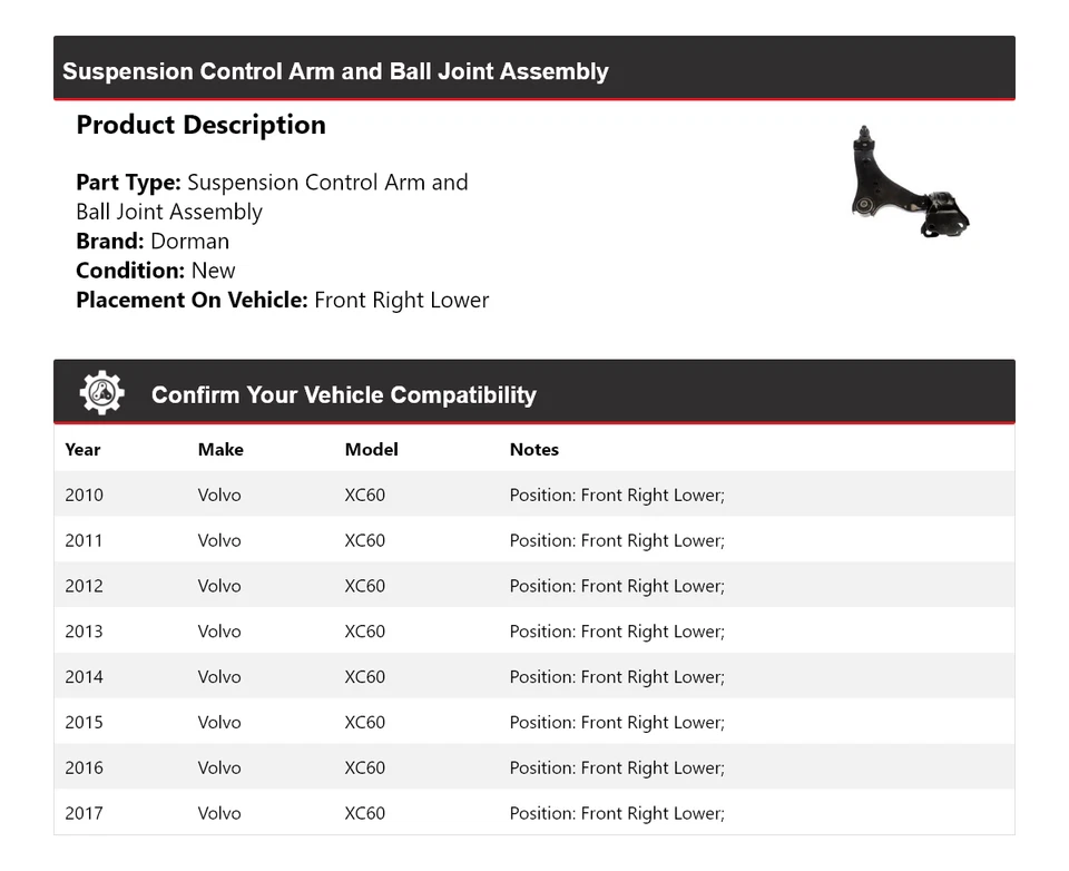 Conjunto de rótula de brazo de control Dorman para Volvo XC60 2010-2017 2011 2012 Foto 2 de 4