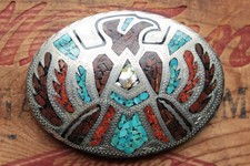 Vintage Hand Made Turquoise Coral Inlay Thunderbird Eagle Western Belt Buckle