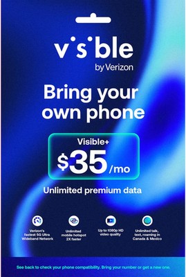 Visible+ Plus 1-month $35/mo Plan eSIM/pSIM Kit - Unlimited 5G data included
