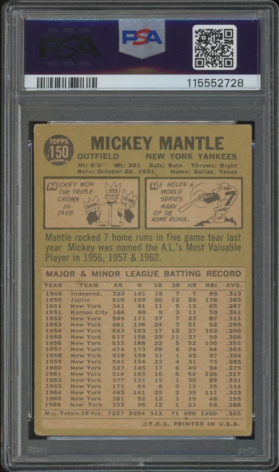 1967 Topps Baseball #150 Mickey Mantle PSA 3 (VG) view 2
