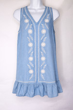 Unbranded Light Wash Chambray Embroidered Shift Dress Ruffle Hem L Boho