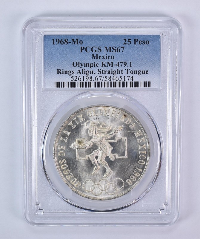 1968 Mo Mexico 25 Pesos Silver Olympic Straight Tongue KM-479.1 MS67 PCGS *3046