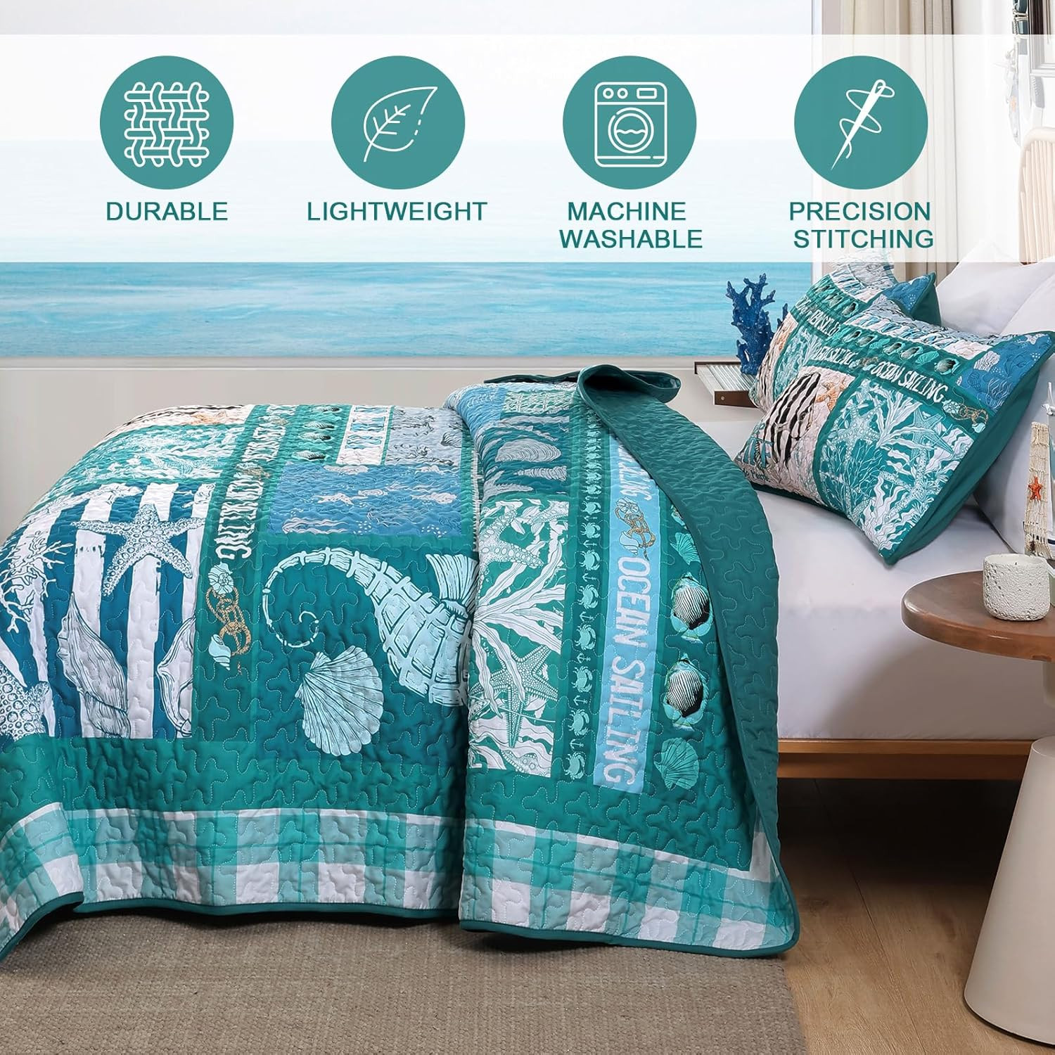 Coastal King Size Quilt Set 3 Piece,Summer Beach Bedspread Coverlet Lightweight