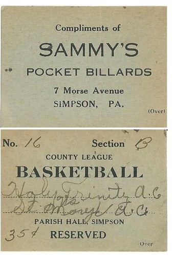 Parish Hall Simpson Pa. Lackawanna County League Basketball ticket Sammy's Morse