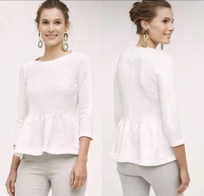 Anthropologie Amadi Linen Top Ruffled Peplum Textured Sz S Knit White $88