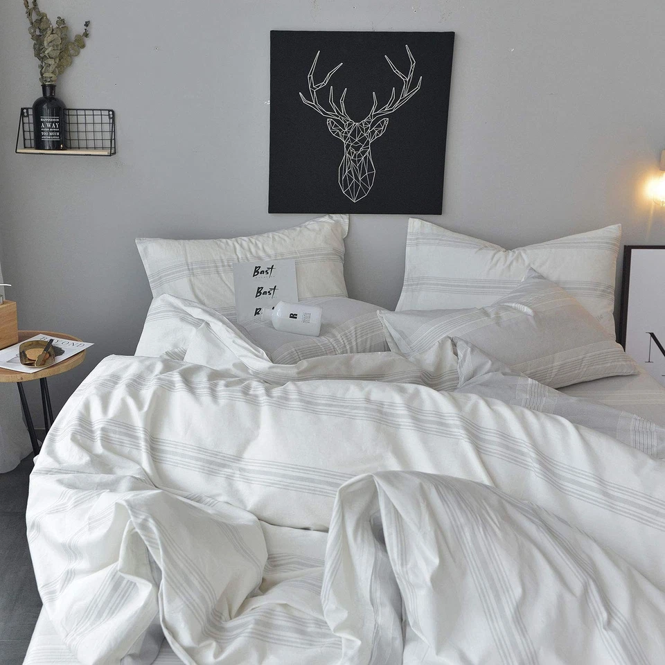 Conjunto de capa de edredom tamanho completo/queen 100% algodão branco/cinza claro estampado listrado... - Imagem 4 de 4