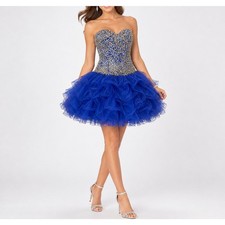 Sherri Hill Blue Beaded Strapless Ruffle Cocktail Prom Dress Sz 2 Pageant Formal