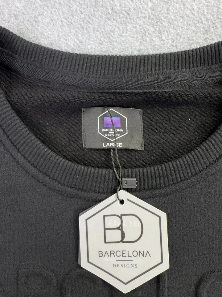 NUEVA Sudadera Barcelona Designs Cuello Redondo Talla Grande Monocromo Negra Diseñador Foto 3 de 4