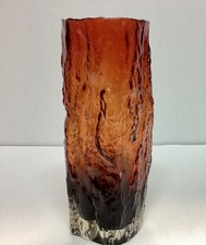 Vintage Graduated Ruby Red Bark Textured Glass Brutalist Mid Century Modern Vase