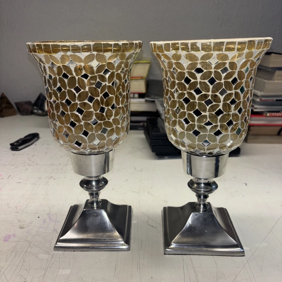Mosaic Candle Holder 10” Silver Tiles Mirrored Hurricane Tulip Cup Set 2 T1-05 - Image 2 of 4
