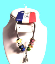 Paris New With Tags Charm Bracelet Silvertone Eiffel Tower Multicolor Beads