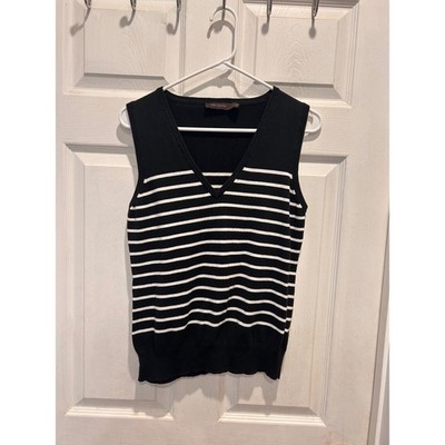 The Limited Womens Black White Striped V-Neck Cotton Blend Sweater Vest Large