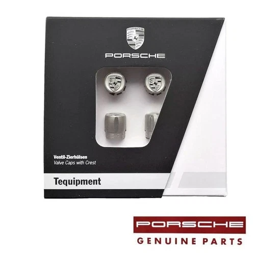Porsche Silver Valve Stem Cap with Black Crest Set 99104460268 for Models w/TPMS