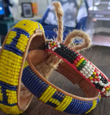 African Beaded Leather Bangle Bracelet Set, Multicolor, Handmade, Ethnic Style