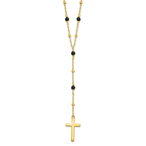 Onyx Beaded Cross Necklace 18 inch Sterling Silver Flash Plated Gold Tone