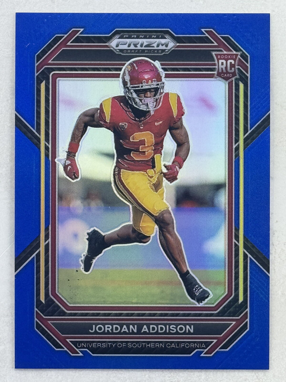 Jordan Addison 2023 Panini Prizm Draft Picks Blue Prizm RC /199 #136 USC Card