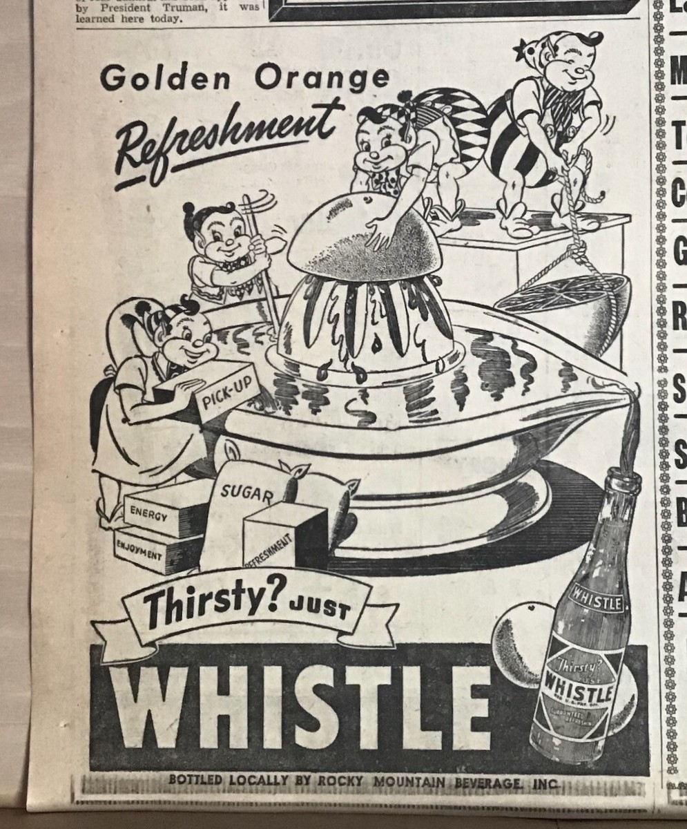 1948 newspaper ad for Whistle orange drink Orange juiced by tiny