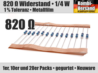 1/10/20 x 820 Ohm Ω Widerstand, 1/4 Watt Metallfilm, 1 % Toleranz, Bauform 0207