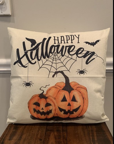 New Happy Halloween Throw Pillow 18” x 18 Double Sided Jack O Lantern READY!