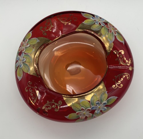 Tschechisch Böhmisch Rot Glas Rose Schale Handbemalt Mundgeblasen Aschenbecher/ Schale