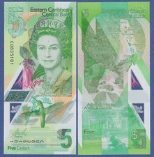 Eastern East Caribbean, $5 (2021) Polymer Gem UNC - QE Portrait 