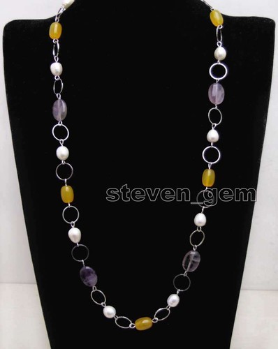 Collana donna 10-11 mm riso perle bianche ametista giada anello metallo lungo 32'' - Foto 6 di 6